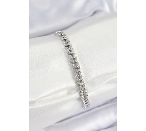 Pirinç Zirkon Taşlı Sıralı Yaprak Model Gümüş Renk Kadın Bileklik - TJ-BB7532