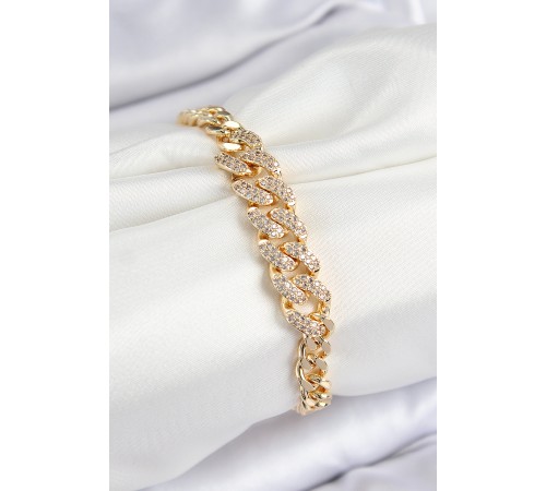 Pirinç Zirkon Taşlı Küba Zincir Model Gold Renk Kadın Bileklik - TJ-BB7533