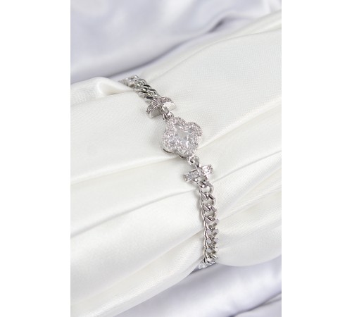 Pirinç Zirkon Taşlı Yonca Model Gümüş Renk Kadın Bileklik - TJ-BB7538