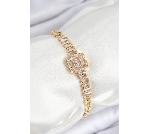 Pirinç Zirkon Taşlı Su Yolu Detaylı Baget Model Gold Renk Kadın Bileklik - TJ-BB7539