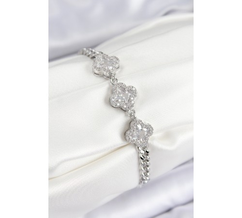 Pirinç Zirkon Taşlı Yonca Model Gümüş Renk Kadın Bileklik - TJ-BB7546