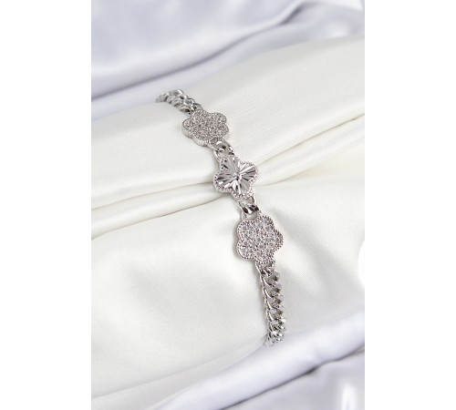 Pirinç Zirkon Taşlı Yonca Model Gümüş Renk Kadın Bileklik - TJ-BB7548