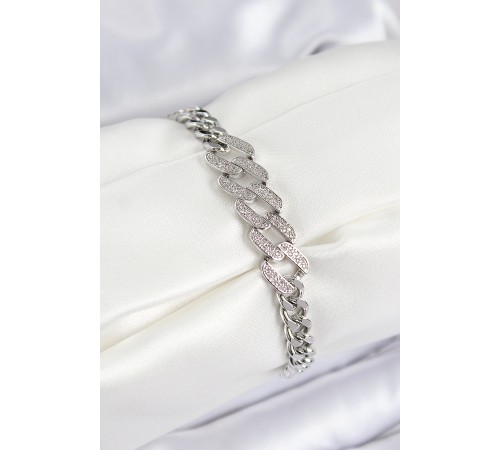 Pirinç Zirkon Taşlı Ezme Küba Zincir Model Gümüş Renk Kadın Bileklik - TJ-BB7550