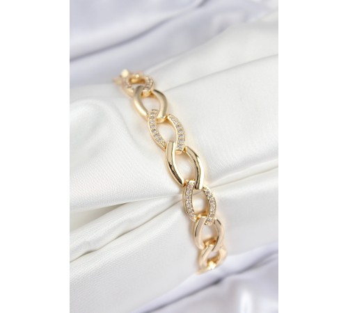 Pirinç Zirkon Taşlı Zincir Model Gold Renk Kadın Bileklik - TJ-BB7553
