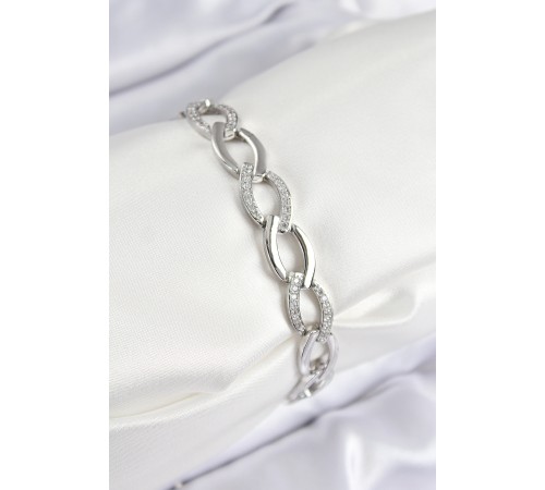 Pirinç Zirkon Taşlı Zincir Model Gümüş Renk Kadın Bileklik - TJ-BB7554