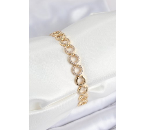 Pirinç Zirkon Taşlı Sıralı Halka Model Gold Renk Kadın Bileklik - TJ-BB7555