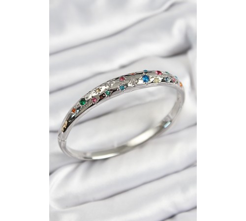 Pirinç Renkli Zirkon Taşlı Kutup Yıldızı Model Gümüş Renk Kadın Kelepçe - TJ-BB7573