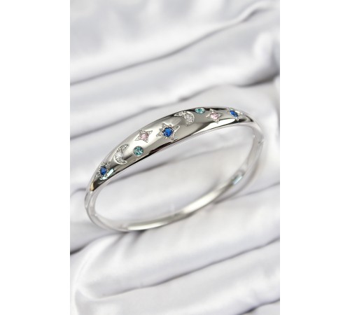 Pirinç Zirkon Taşlı Kutup Yıldızı Ve Hilal Model Gümüş Renk Kadın Kelepçe - TJ-BB7575