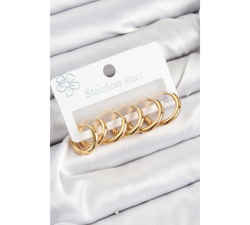 316L Çelik Halka Model Gold Renk 3'lü Set Kadın Küpe - TJ-BKP10983