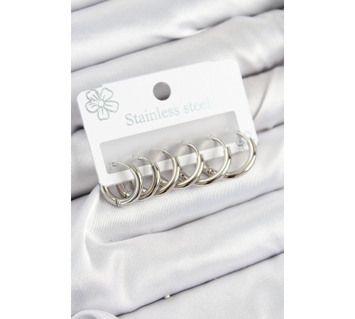 316L Çelik Halka Model Gümüş Renk 3'lü Set Kadın Küpe - TJ-BKP10984