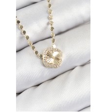 Pirinç Zirkon Taşlı Yonca Model Ezme Zincir Gold Renk Kadın Kolye - TJ-BKO10392