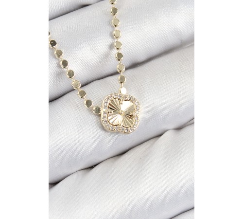 Pirinç Zirkon Taşlı Yonca Model Ezme Zincir Gold Renk Kadın Kolye - TJ-BKO10392