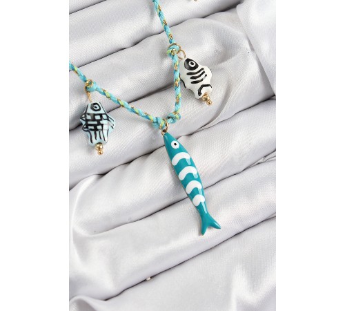 Seramik Motifli Balık Figürlü Model Mavi İp Kadın Kolye - TJ-BKO10396