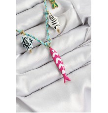 Seramik Motifli Pembe Balık Figürlü Model Mavi İp Kadın Kolye - TJ-BKO10397