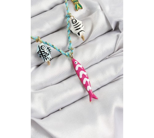 Seramik Motifli Pembe Balık Figürlü Model Mavi İp Kadın Kolye - TJ-BKO10397