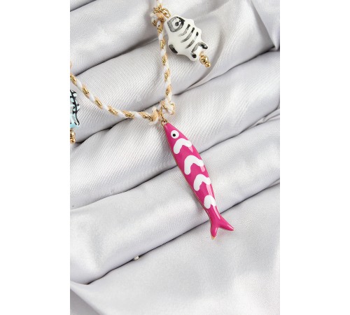Seramik Motifli Pembe Balık Figürlü Model Krem İp Kadın Kolye - TJ-BKO10398