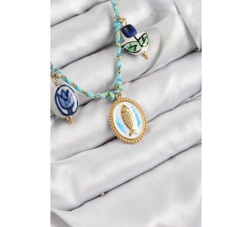 Seramik Motifli Balık Figürlü Model Mavi İp Kadın Kolye - TJ-BKO10399