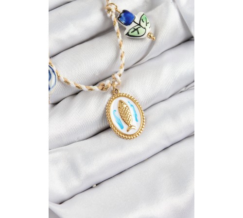 Seramik Motifli Balık Figürlü Model Krem İp Kadın Kolye - TJ-BKO10400