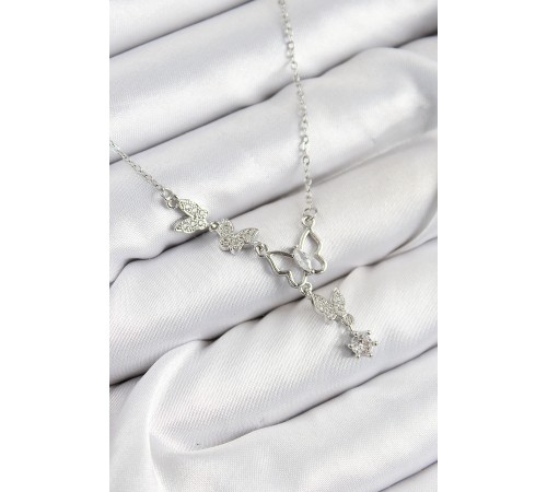 316L Çelik Zirkon Taşlı Model Gümüş Renk Kadın Kolye - TJ-BKO10404