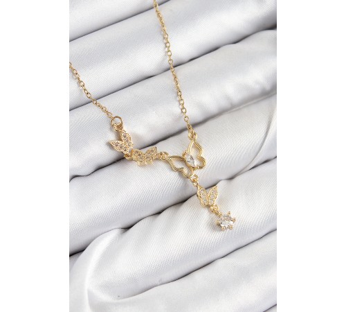 316L Çelik Zirkon Taşlı Model Gold Renk Kadın Kolye - TJ-BKO10405