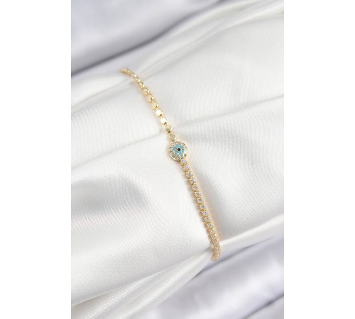 Pirinç Zirkon Taşlı Nazar Model Ezme Zincir Gold Renk Kadın Bileklik - TJ-BB7583