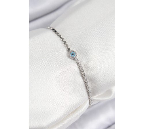 Pirinç Zirkon Taşlı Nazar Model Ezme Zincir Gümüş Renk Kadın Bileklik - TJ-BB7584