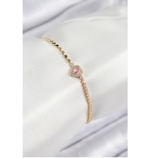 Pirinç Zirkon Taşlı Kalp Model Ezme Zincir Gold Renk Kadın Bileklik - TJ-BB7585