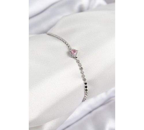 Pirinç Zirkon Taşlı Kalp Model Ezme Zincir Gümüş Renk Kadın Bileklik - TJ-BB7586