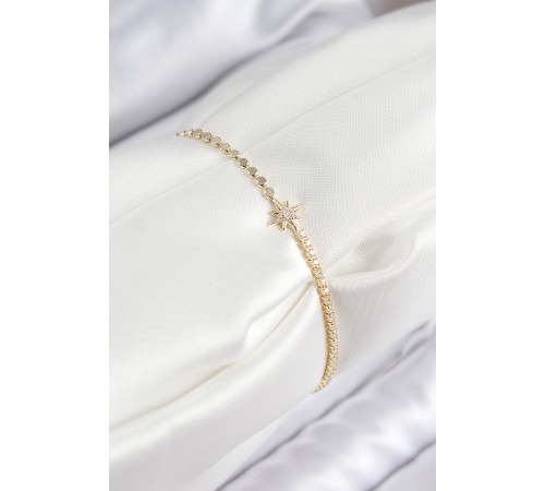 Pirinç Zirkon Taşlı Kutup Yıldızı Model Ezme Zincir Gold Renk Kadın Bileklik - TJ-BB7587