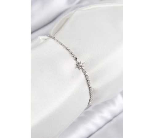 Pirinç Zirkon Taşlı Kutup Yıldızı Model Ezme Zincir Gümüş Renk Kadın Bileklik - TJ-BB7588