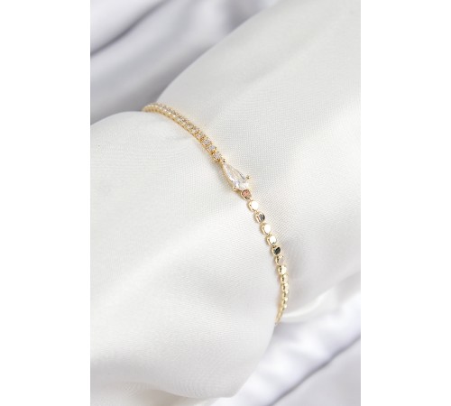 Pirinç Zirkon Taşlı Damla Model Ezme Zincir Gold Renk Kadın Bileklik - TJ-BB7589