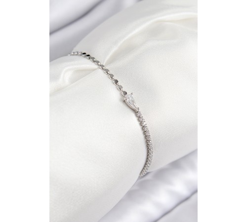 Pirinç Zirkon Taşlı Damla Model Ezme Zincir Gümüş Renk Kadın Bileklik - TJ-BB7590