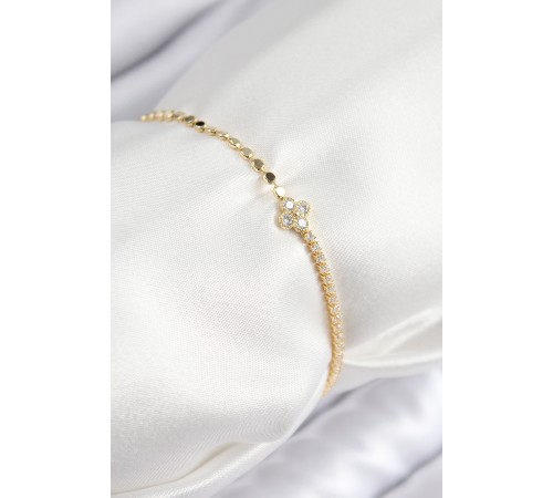 Pirinç Zirkon Taşlı Yonca Model Ezme Zincir Gold Renk Kadın Bileklik - TJ-BB7591