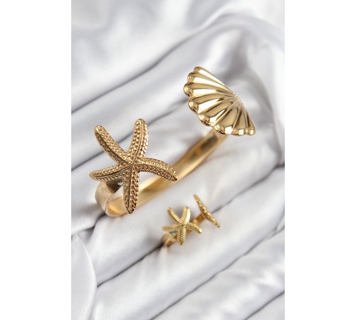 Pirinç İstiridye Ve Deniz Yıldızı Model Gold Renk Bileklik Yüzük Set - TJ-BB7601