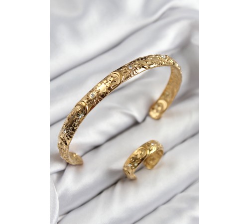 Pirinç Zirkon Taşlı Vintage Model Gold Renk Bileklik Yüzük Set - TJ-BB7603