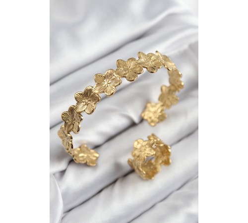 Pirinç Çiçek Model Gold Renk Bileklik Yüzük Set - TJ-BB7604