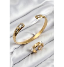 Pirinç Zirkon Taşlı Ayrık Model Gold Renk Bileklik Yüzük Set - TJ-BB7605