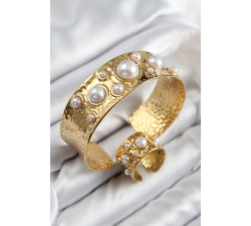 Pirinç İncili Model Gold Renk Bileklik Yüzük Set - TJ-BB7606