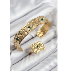 Pirinç Zirkon Taşlı Göz Model Gold Renk Bileklik Yüzük Set - TJ-BB7608