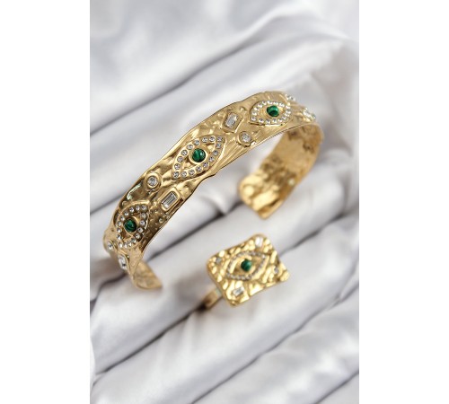Pirinç Zirkon Taşlı Göz Model Gold Renk Bileklik Yüzük Set - TJ-BB7608