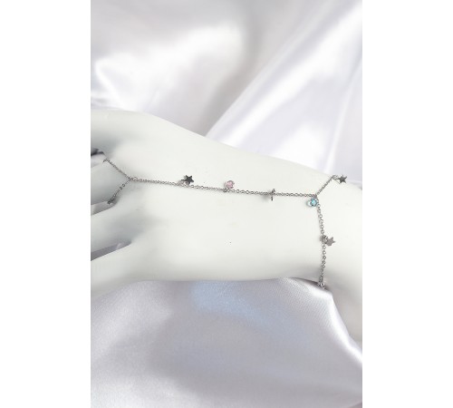 Pirinç Renkli Zirkon Taşlı Sallantılı Yıldızlı Model Gümüş Renk Kadın Şahmeran - TJ-SN708