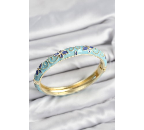 Mineli Pirinç Turkuaz Çiçek Motifli Gold Kadın Kelepçe - TJ-BB7623