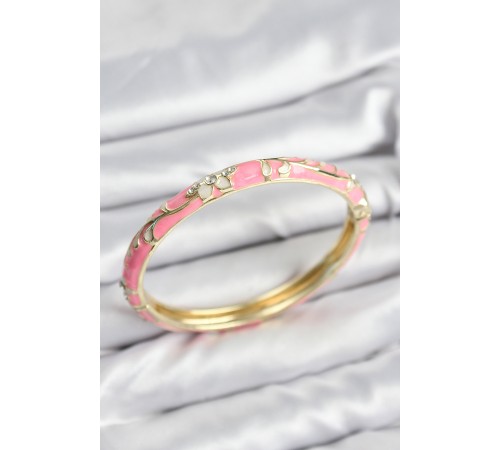 Mineli Pirinç Zirkon Taşlı Pembe Çiçek Motifli Gold Kadın Kelepçe - TJ-BB7625