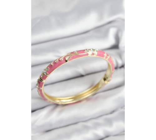 Mineli Pirinç Zirkon Taşlı Pembe Çiçek Motifli Gold Kadın Kelepçe - TJ-BB7626