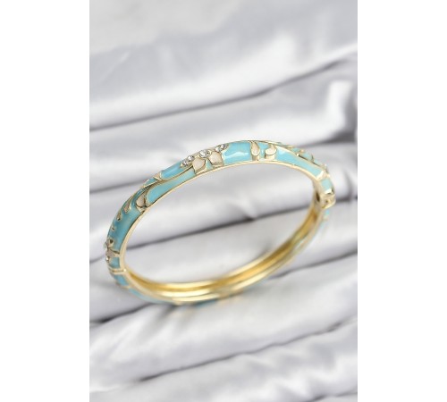 Mineli Pirinç Zirkon Taşlı Turkuaz Çiçek Motifli Gold Kadın Kelepçe - TJ-BB7629