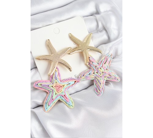 Pirinç Sallantılı Rainbow Deniz Yıldızı Model Gold Renk Hasır Küpe - TJ-BKP11025