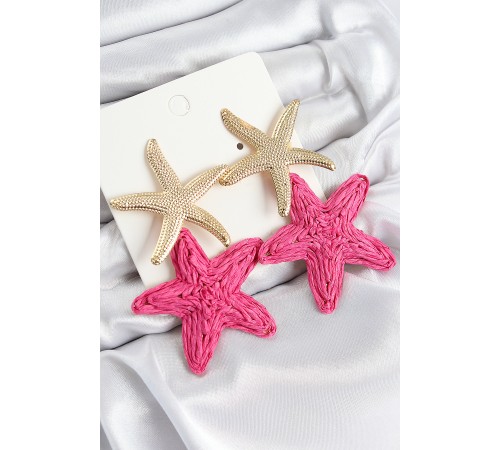 Pirinç Sallantılı Pembe Deniz Yıldızı Model Gold Renk Hasır Küpe - TJ-BKP11026