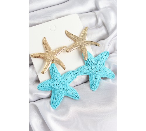 Pirinç Sallantılı Turkuaz Deniz Yıldızı Model Gold Renk Hasır Küpe - TJ-BKP11027