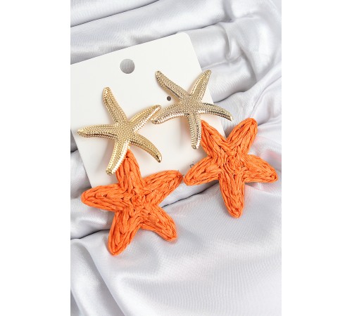 Pirinç Sallantılı Turuncu Deniz Yıldızı Model Gold Renk Hasır Küpe - TJ-BKP11028