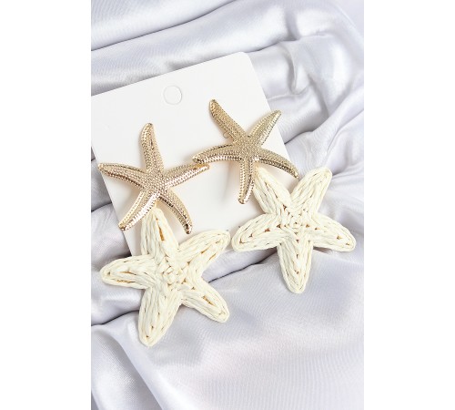 Pirinç Sallantılı Krem Deniz Yıldızı Model Gold Renk Hasır Küpe - TJ-BKP11029